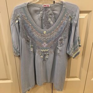 Johnny Was blue embroidered top size M